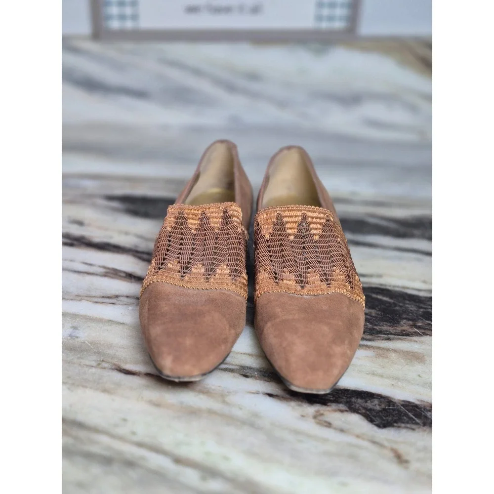 Spiegel Vintage Tan Suede Woven Vamp Pointed Toe Loafers Made in Italy Size 7.5M